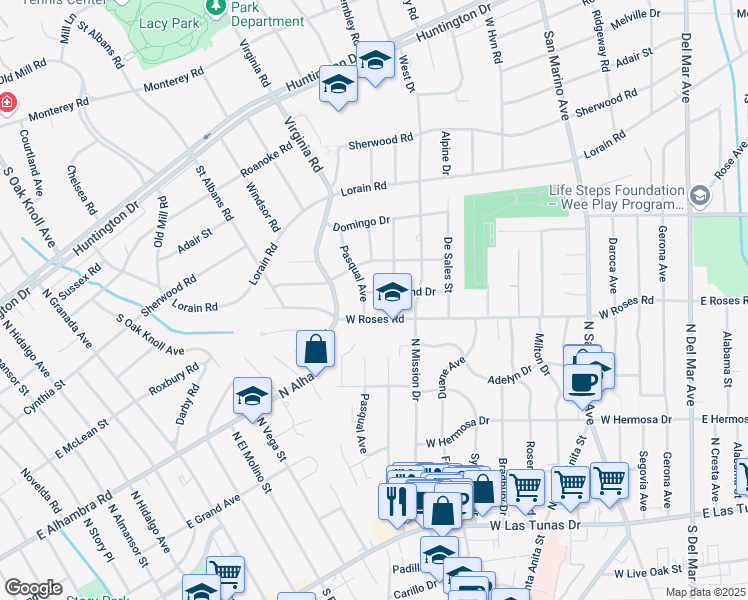 map of restaurants, bars, coffee shops, grocery stores, and more near 825 West Roses Road in San Gabriel