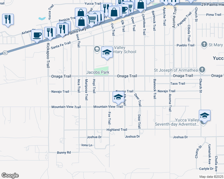 map of restaurants, bars, coffee shops, grocery stores, and more near 7790 Fox Trail in Yucca Valley