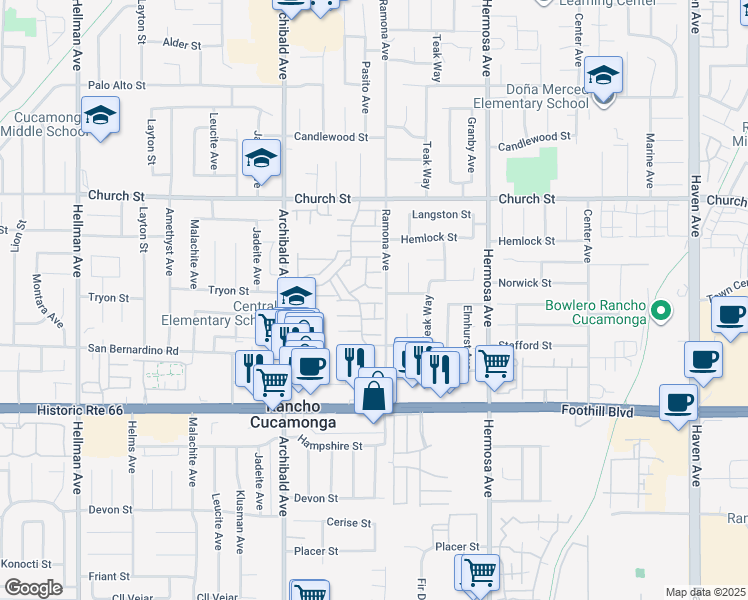 map of restaurants, bars, coffee shops, grocery stores, and more near 9874 Paloma Court in Rancho Cucamonga