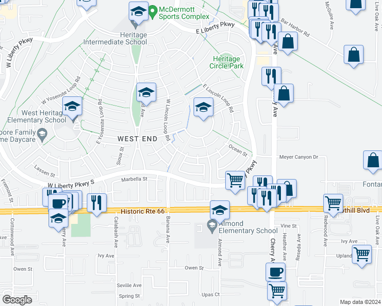 map of restaurants, bars, coffee shops, grocery stores, and more near 7889 Saint Helena Court in Fontana