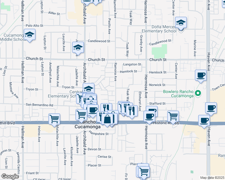 map of restaurants, bars, coffee shops, grocery stores, and more near 9874 Paloma Court in Rancho Cucamonga