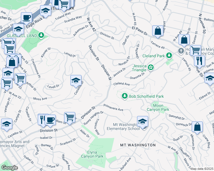 map of restaurants, bars, coffee shops, grocery stores, and more near 4415 Cleland Avenue in Los Angeles