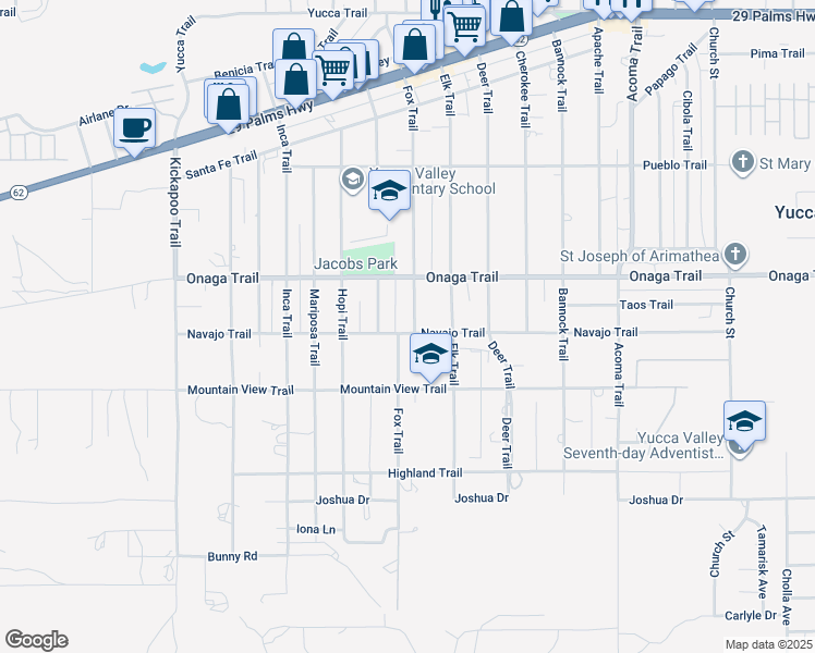 map of restaurants, bars, coffee shops, grocery stores, and more near 7790 Fox Trail in Yucca Valley