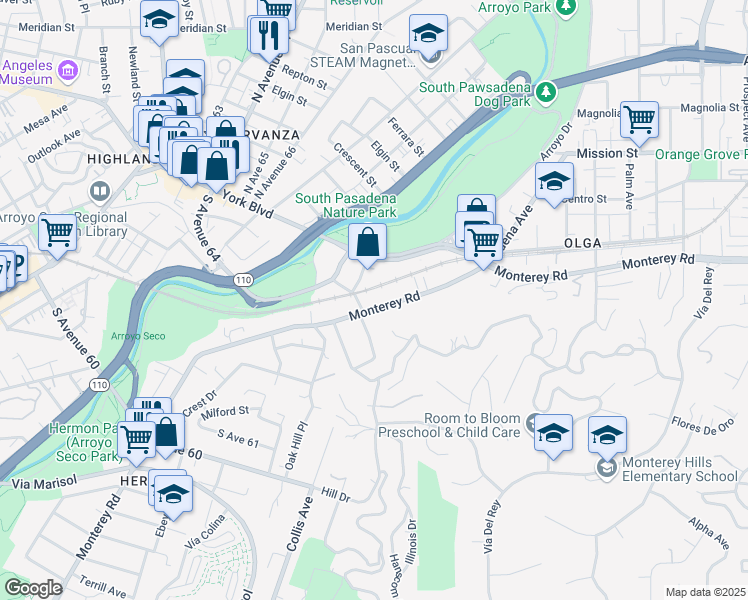 map of restaurants, bars, coffee shops, grocery stores, and more near 154 Monterey Road in South Pasadena