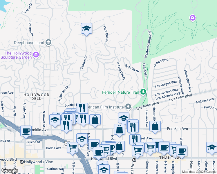 map of restaurants, bars, coffee shops, grocery stores, and more near 5649 Valley Oak Drive in Los Angeles