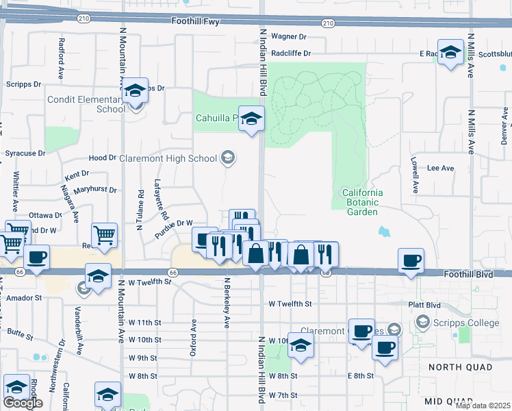 map of restaurants, bars, coffee shops, grocery stores, and more near 407 Willamette Lane in Claremont