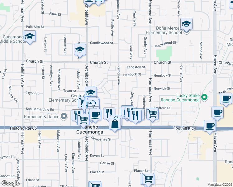 map of restaurants, bars, coffee shops, grocery stores, and more near 9882 Paloma Court in Rancho Cucamonga