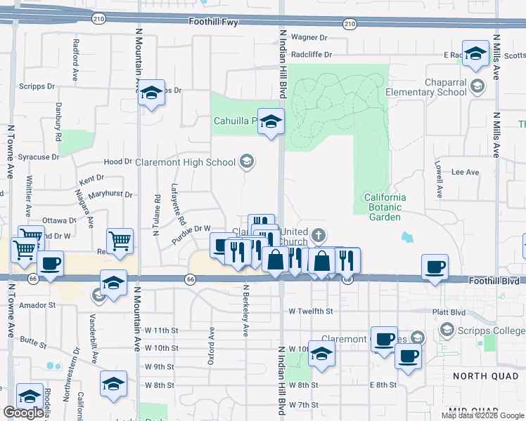 map of restaurants, bars, coffee shops, grocery stores, and more near 429 Willamette Lane in Claremont