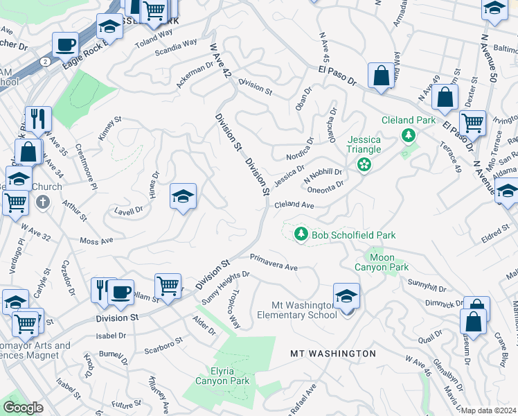 map of restaurants, bars, coffee shops, grocery stores, and more near 4415 Cleland Avenue in Los Angeles