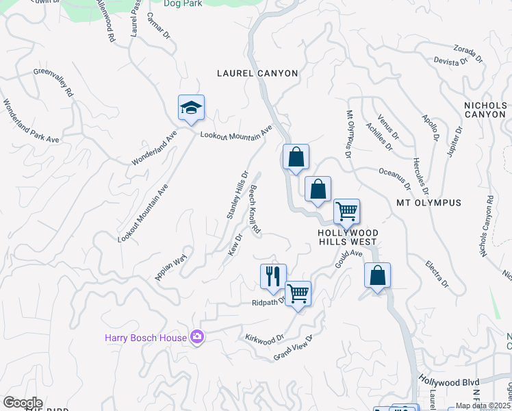 map of restaurants, bars, coffee shops, grocery stores, and more near 2190 Beech Knoll Road in Los Angeles