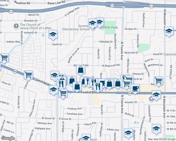 map of restaurants, bars, coffee shops, grocery stores, and more near 473 Fort Lewis Drive in Pomona