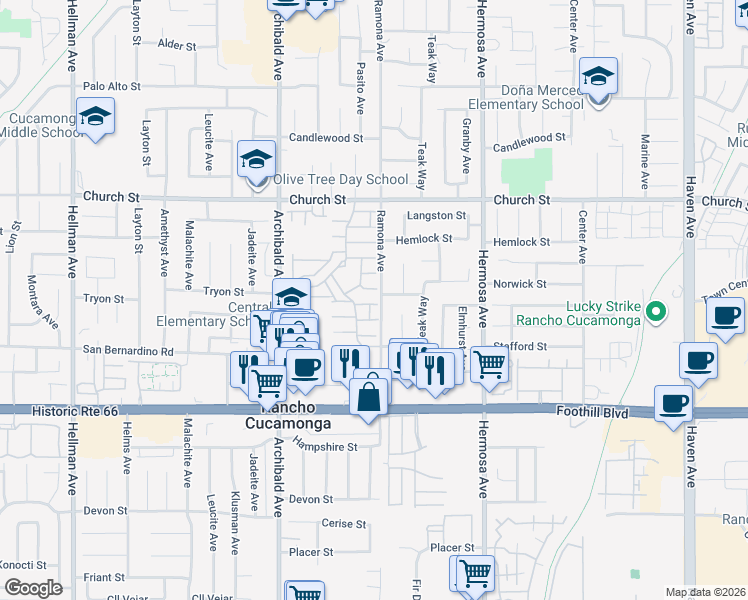 map of restaurants, bars, coffee shops, grocery stores, and more near 9882 Paloma Court in Rancho Cucamonga