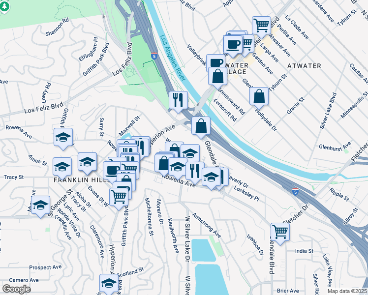 map of restaurants, bars, coffee shops, grocery stores, and more near 2970 Waverly Drive in Los Angeles