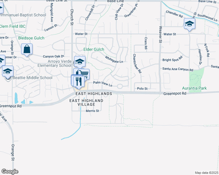 map of restaurants, bars, coffee shops, grocery stores, and more near 29159 Palm View Lane in Highland