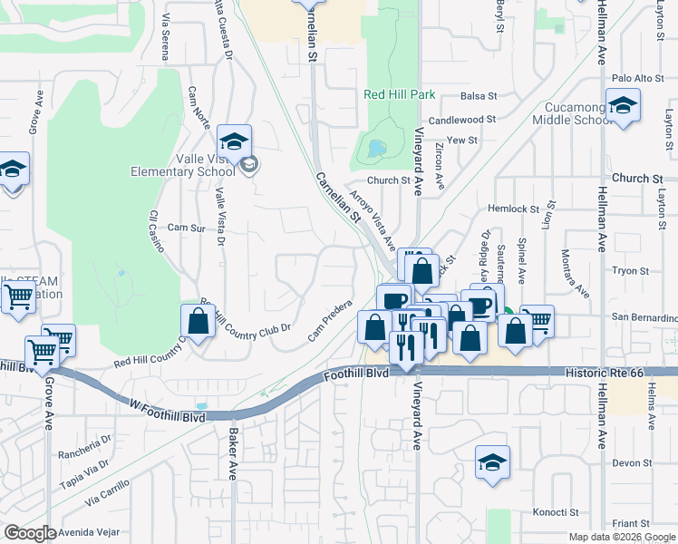 map of restaurants, bars, coffee shops, grocery stores, and more near 8749 Calle Quebrada in Rancho Cucamonga