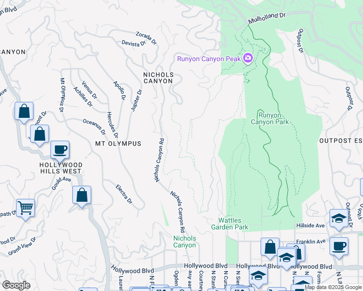 map of restaurants, bars, coffee shops, grocery stores, and more near 2500 Nichols Canyon Road in Los Angeles
