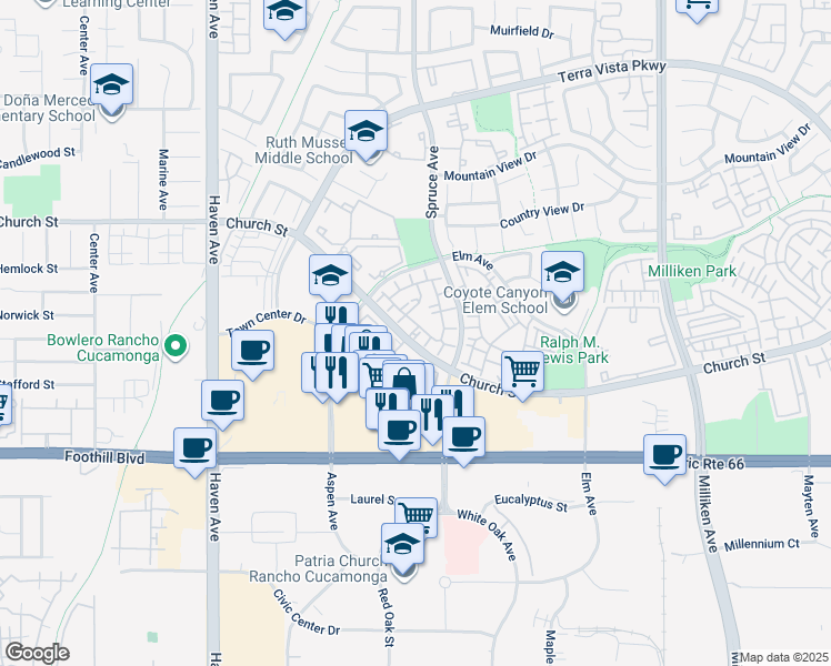 map of restaurants, bars, coffee shops, grocery stores, and more near 10850 Church Street in Rancho Cucamonga
