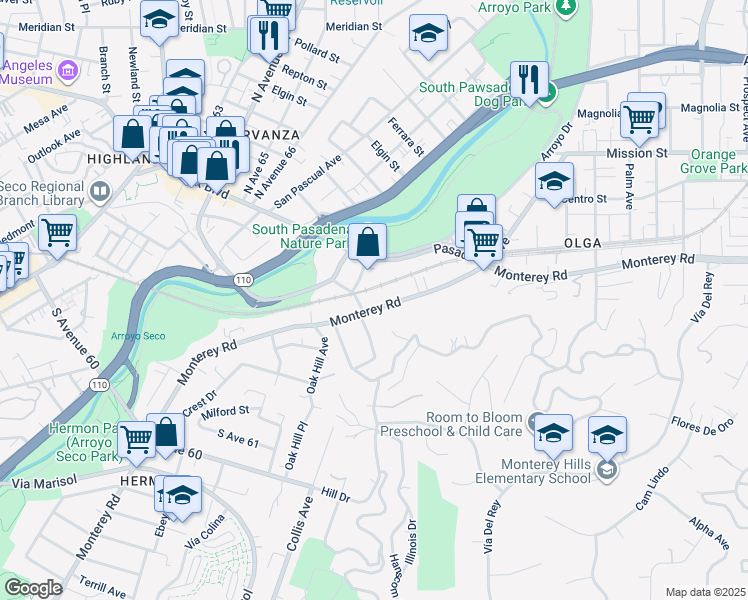 map of restaurants, bars, coffee shops, grocery stores, and more near 150 Monterey Road in South Pasadena