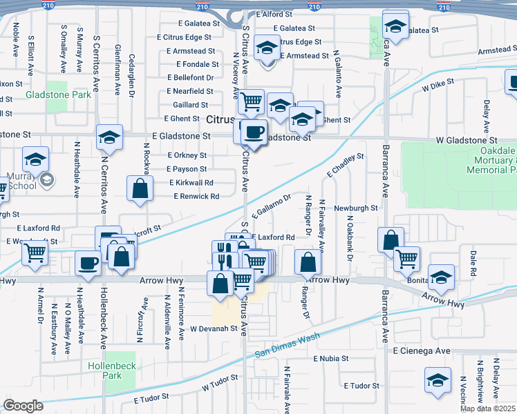 map of restaurants, bars, coffee shops, grocery stores, and more near 18565 East Gallarno Drive in Covina