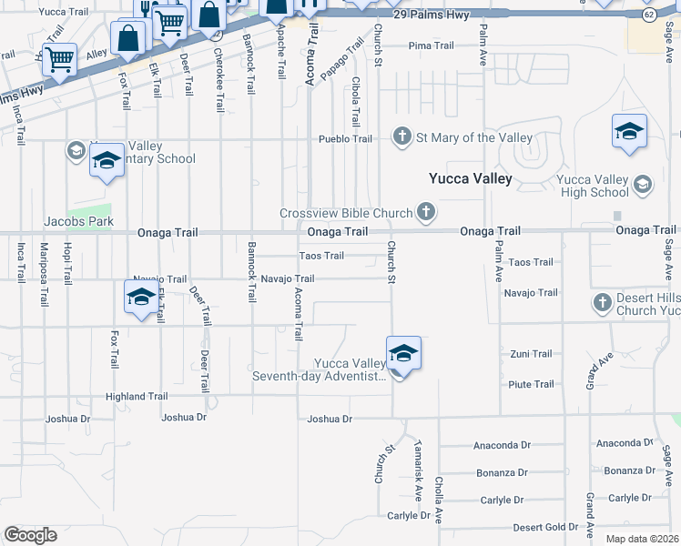 map of restaurants, bars, coffee shops, grocery stores, and more near 56146 Navajo Trail in Yucca Valley