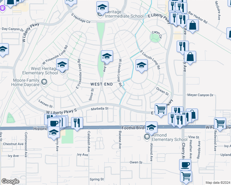 map of restaurants, bars, coffee shops, grocery stores, and more near 7861 El Dorado Street in Fontana