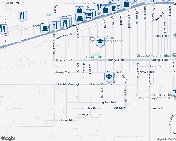 map of restaurants, bars, coffee shops, grocery stores, and more near 55609 Navajo Trail in Yucca Valley