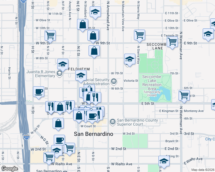 map of restaurants, bars, coffee shops, grocery stores, and more near in San Bernardino