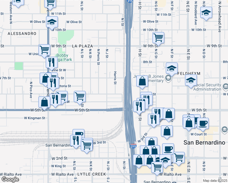 map of restaurants, bars, coffee shops, grocery stores, and more near 963 West 6th Street in San Bernardino