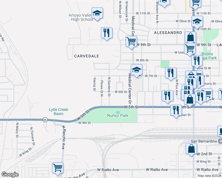 map of restaurants, bars, coffee shops, grocery stores, and more near 595 North Gardena Street in San Bernardino