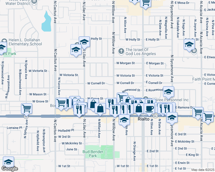 map of restaurants, bars, coffee shops, grocery stores, and more near 570 North Willow Avenue in Rialto