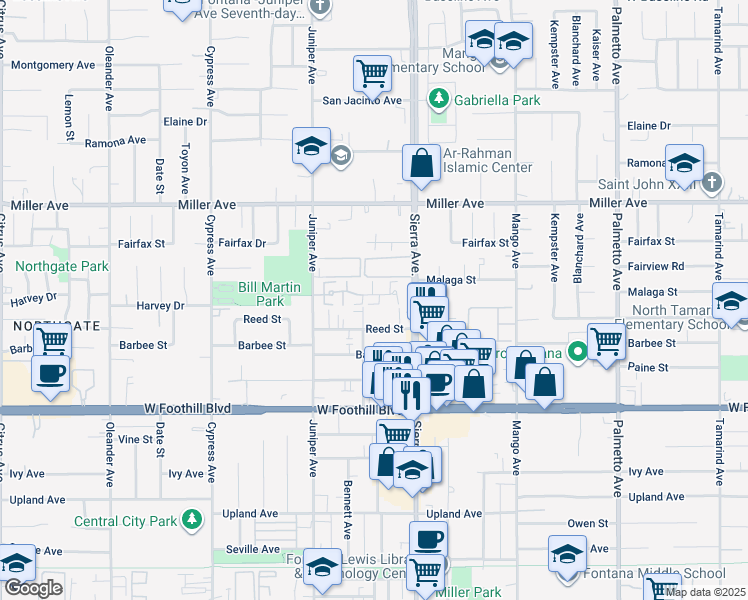 map of restaurants, bars, coffee shops, grocery stores, and more near 7915 Bennett Avenue in Fontana