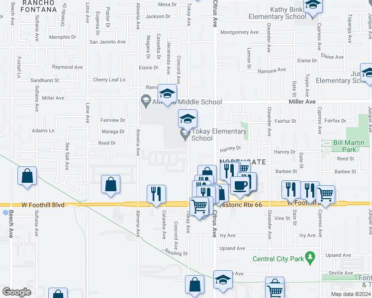 map of restaurants, bars, coffee shops, grocery stores, and more near 7935 Tokay Avenue in Fontana