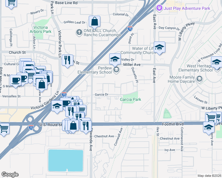 map of restaurants, bars, coffee shops, grocery stores, and more near 7880 Margaux Place in Rancho Cucamonga