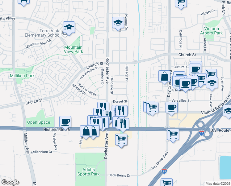 map of restaurants, bars, coffee shops, grocery stores, and more near 11947 Effen Street in Rancho Cucamonga