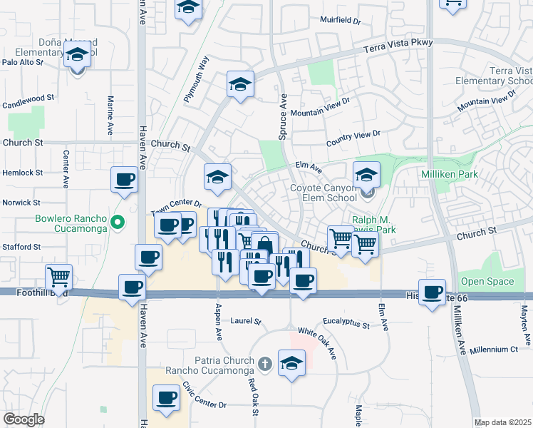 map of restaurants, bars, coffee shops, grocery stores, and more near 10855 Church Street in Rancho Cucamonga
