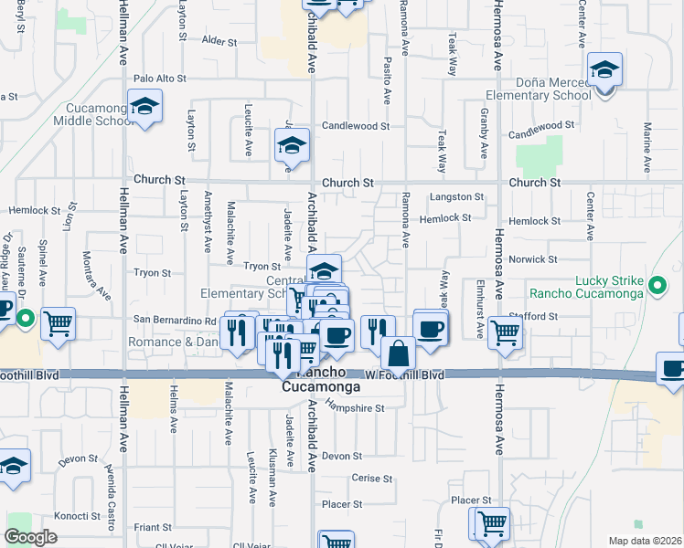 map of restaurants, bars, coffee shops, grocery stores, and more near 7955 Archibald Avenue in Rancho Cucamonga
