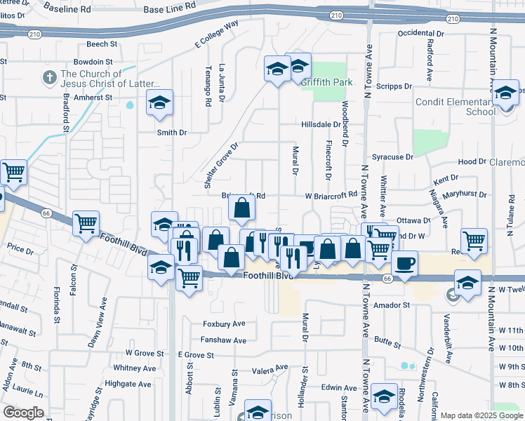 map of restaurants, bars, coffee shops, grocery stores, and more near 496 Fort Lewis Drive in Pomona