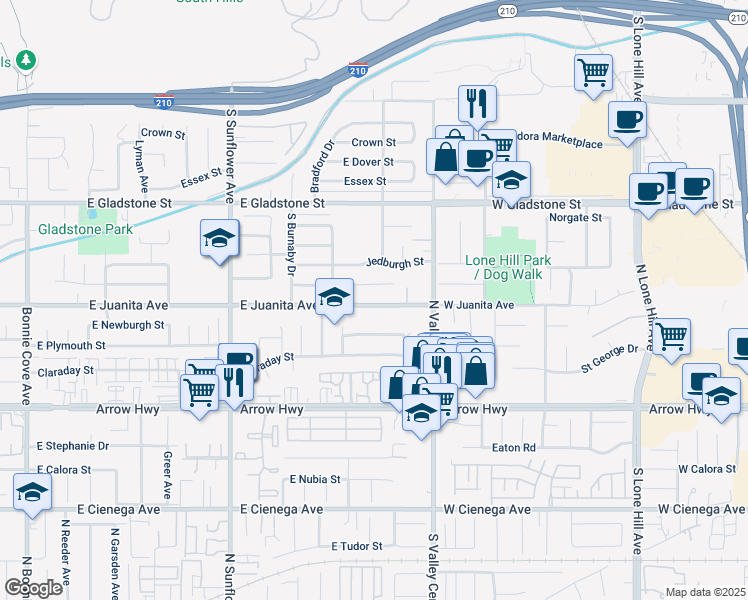 map of restaurants, bars, coffee shops, grocery stores, and more near 1156 East Juanita Avenue in Glendora