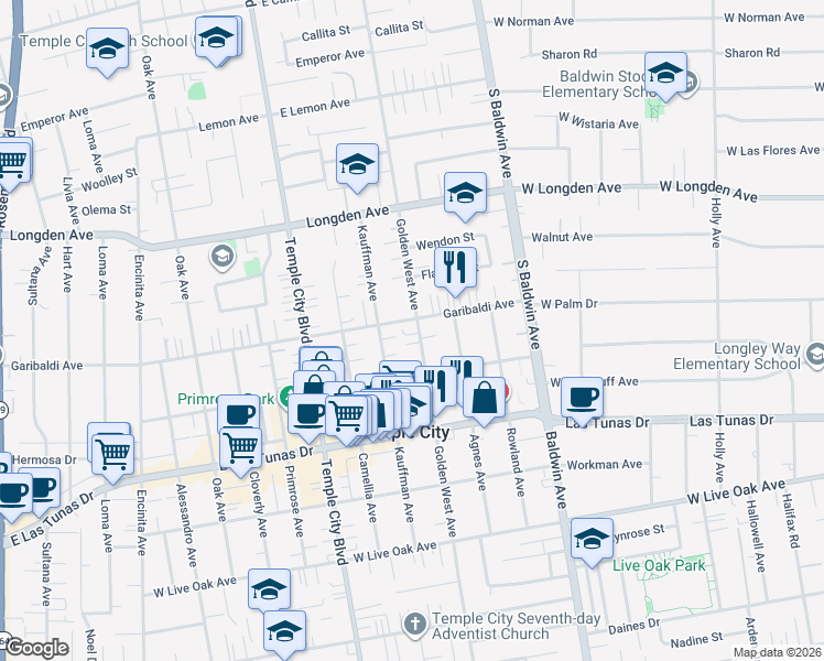 map of restaurants, bars, coffee shops, grocery stores, and more near 6033 Golden West Avenue in Temple City