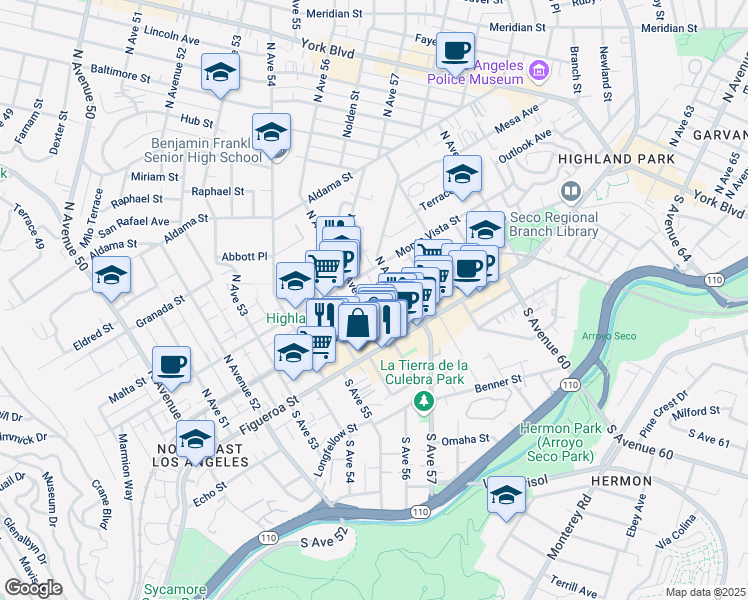 map of restaurants, bars, coffee shops, grocery stores, and more near 5531 Marmion Way in Los Angeles