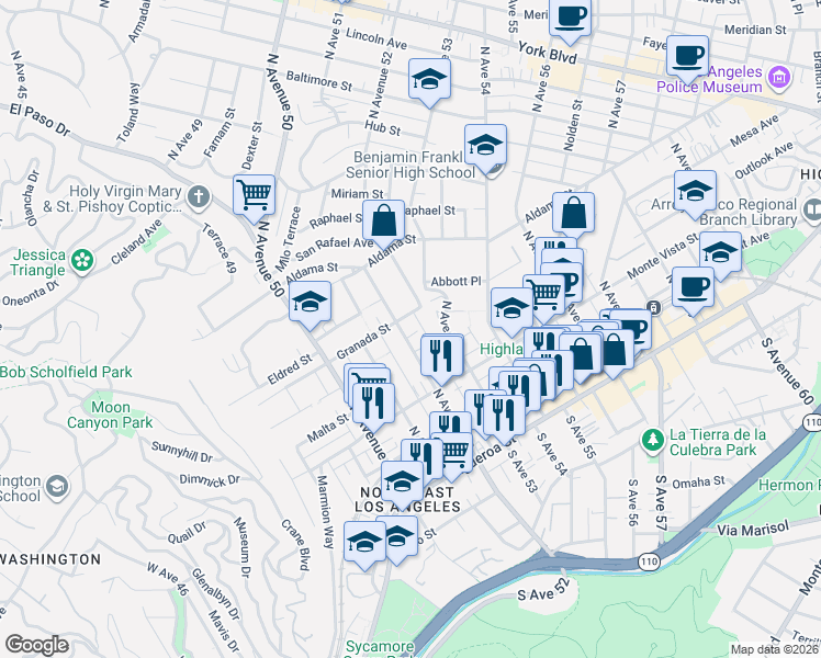map of restaurants, bars, coffee shops, grocery stores, and more near 343 North Avenue 52 in Los Angeles