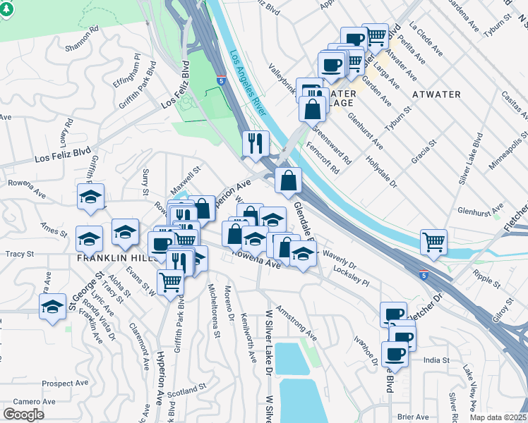 map of restaurants, bars, coffee shops, grocery stores, and more near 2970 Waverly Drive in Los Angeles