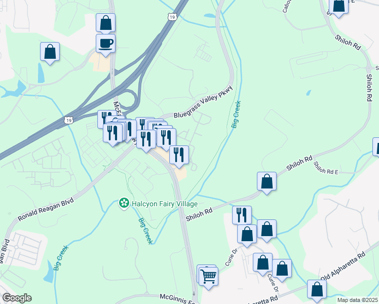 map of restaurants, bars, coffee shops, grocery stores, and more near 1610 Oak Farm Drive in Alpharetta