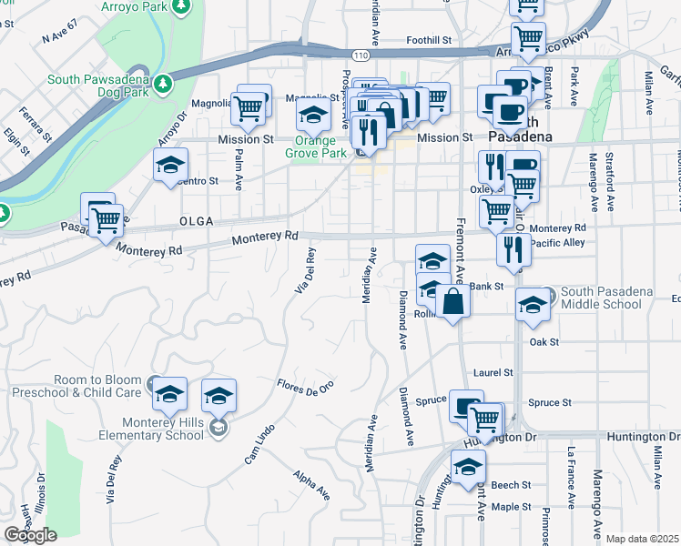 map of restaurants, bars, coffee shops, grocery stores, and more near 851 Lyndon Street in South Pasadena