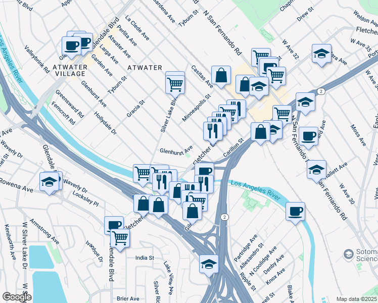 map of restaurants, bars, coffee shops, grocery stores, and more near 2645 Fletcher Drive in Los Angeles