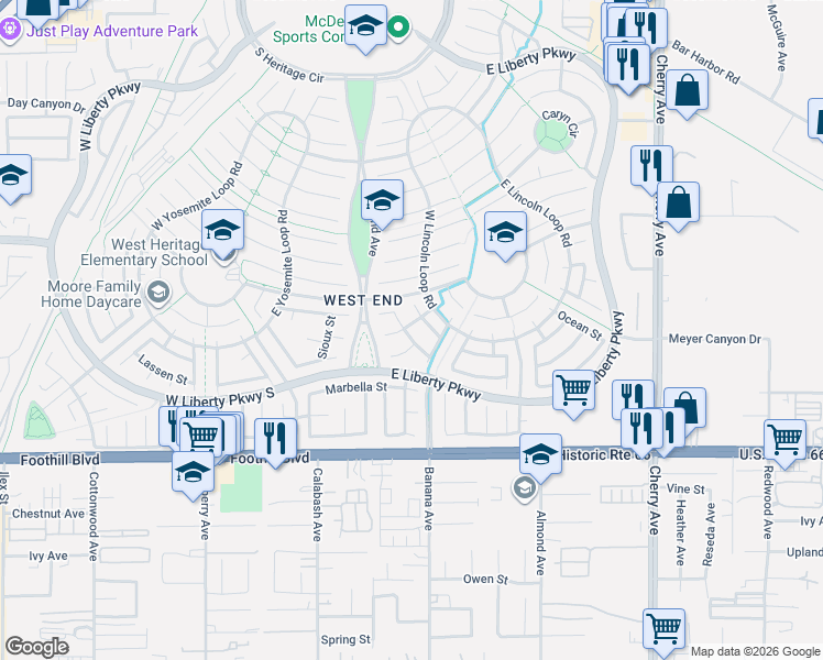 map of restaurants, bars, coffee shops, grocery stores, and more near 7861 El Dorado Street in Fontana