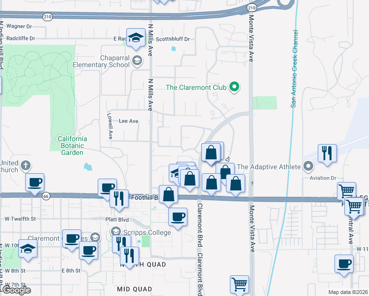 map of restaurants, bars, coffee shops, grocery stores, and more near 1434 Morton Circle in Claremont