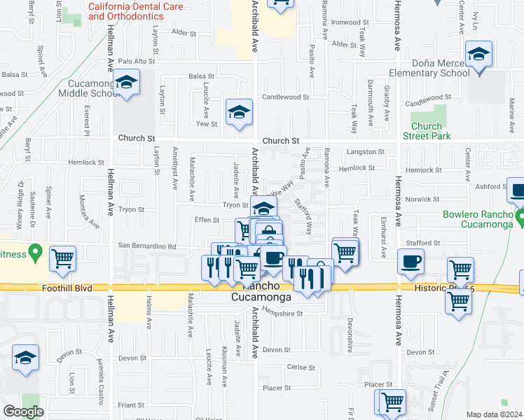 map of restaurants, bars, coffee shops, grocery stores, and more near 9706 Bodega Court in Rancho Cucamonga