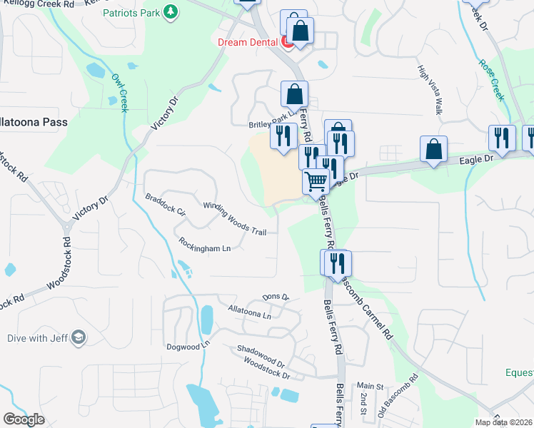 map of restaurants, bars, coffee shops, grocery stores, and more near 208 Brolley Woods Drive in Woodstock