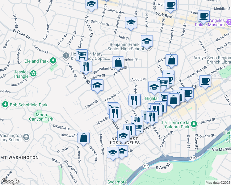 map of restaurants, bars, coffee shops, grocery stores, and more near 5125 Granada Street in Los Angeles